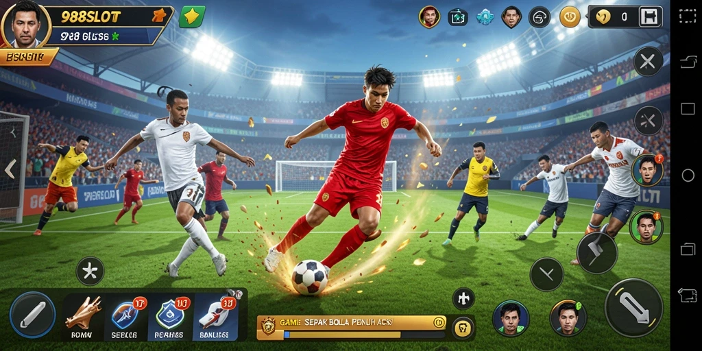 Screenshot gameplay 988SLOT menampilkan aksi sepak bola yang mendebarkan.