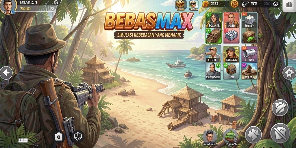 Screenshot utama gameplay BEBASMAX yang menampilkan simulasi kehidupan.