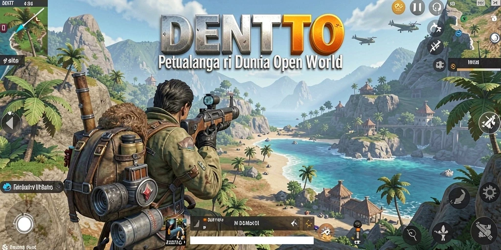 Tangkapan layar utama DENTOTO menampilkan petualangan di dunia Open World yang luas.