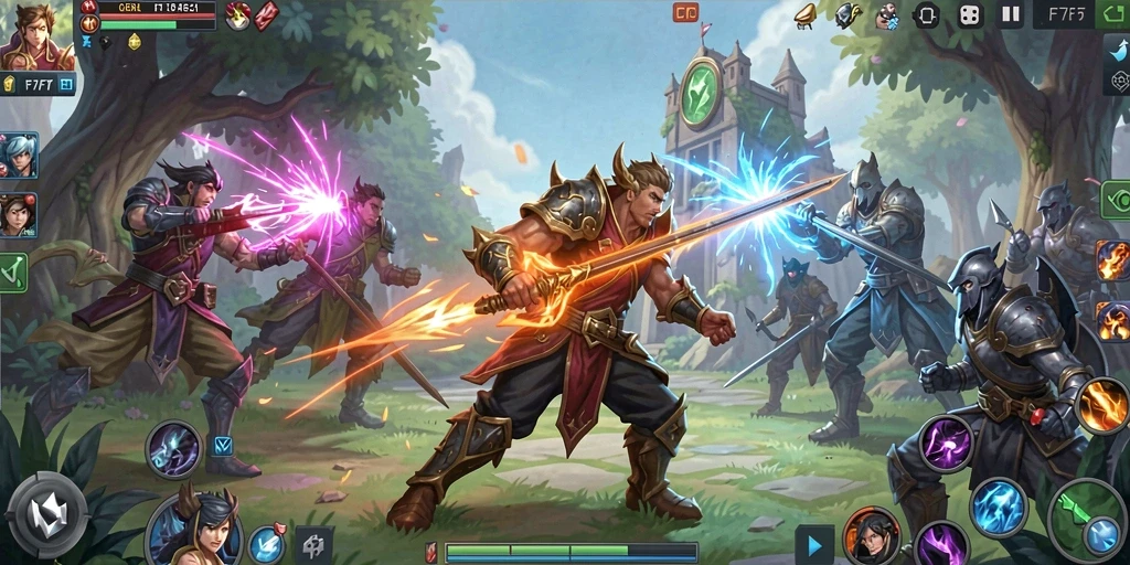 Gameplay F7F7 menampilkan pertarungan MOBA yang seru dan strategis.