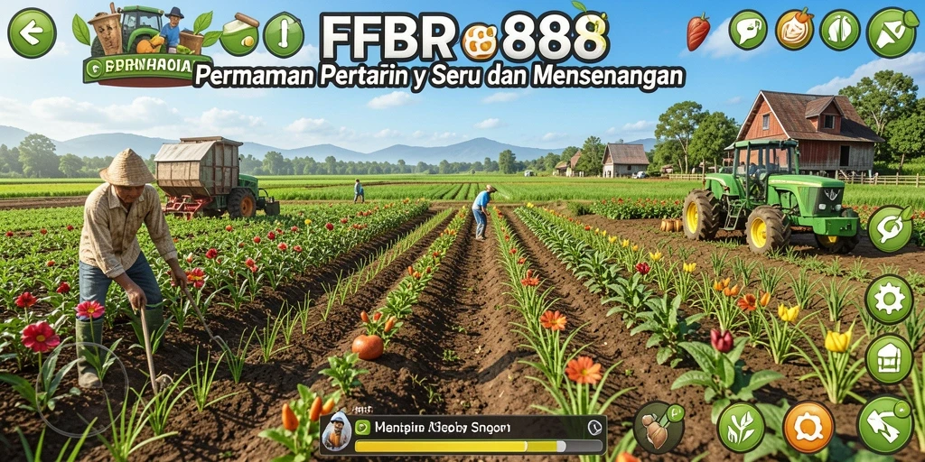 Tangkapan layar gameplay FBRP88 dengan ladang berwarna cerah dan tanaman subur.