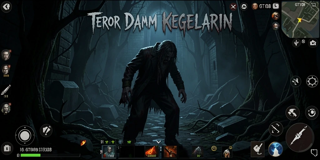 Screenshot gameplay GT108 menampilkan suasana menyeramkan saat menjelajahi lingkungan kelam.