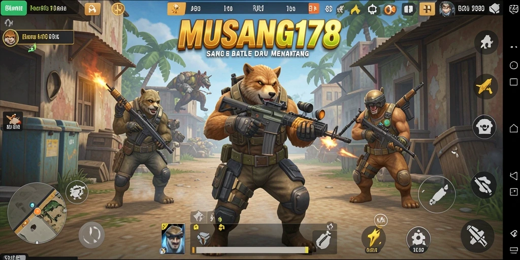 Tangkapan layar utama MUSANG178 menampilkan aksi seru dalam permainan Battle Royale.