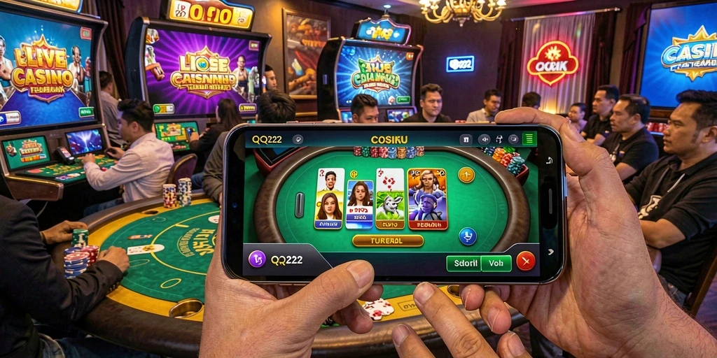 Screenshot gameplay QQ222 menampilkan dealer profesional dan antarmuka permainan yang menarik.