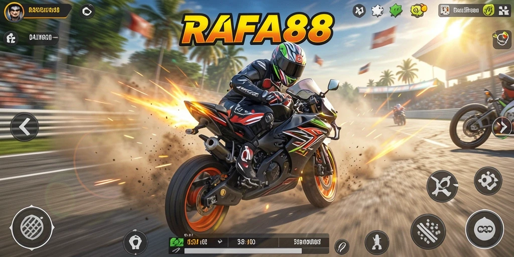 Tampilan gameplay seru di RAFA88 dengan balapan motor yang mendebarkan.