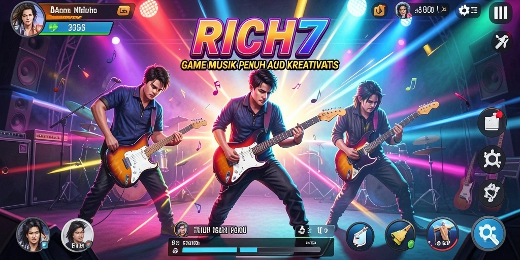 Screenshot RICH7 menampilkan gameplay yang seru dengan berbagai pilihan lagu.