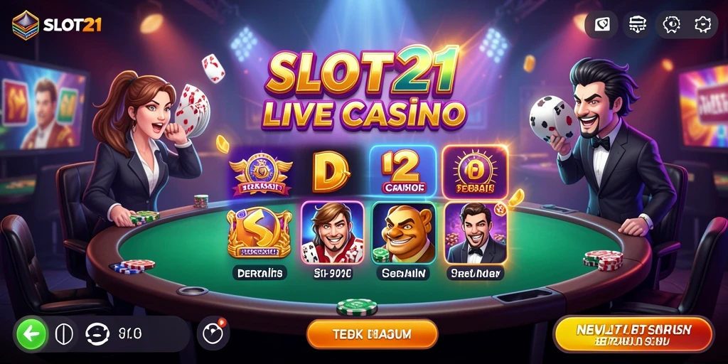 Screenshot utama SLOT21 menampilkan dealer langsung dan meja permainan.