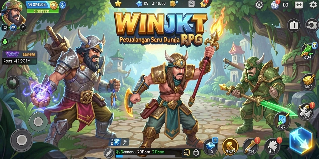 Tangkapan layar gameplay WINJKT menampilkan pertarungan dinamis dalam dunia fantasi.